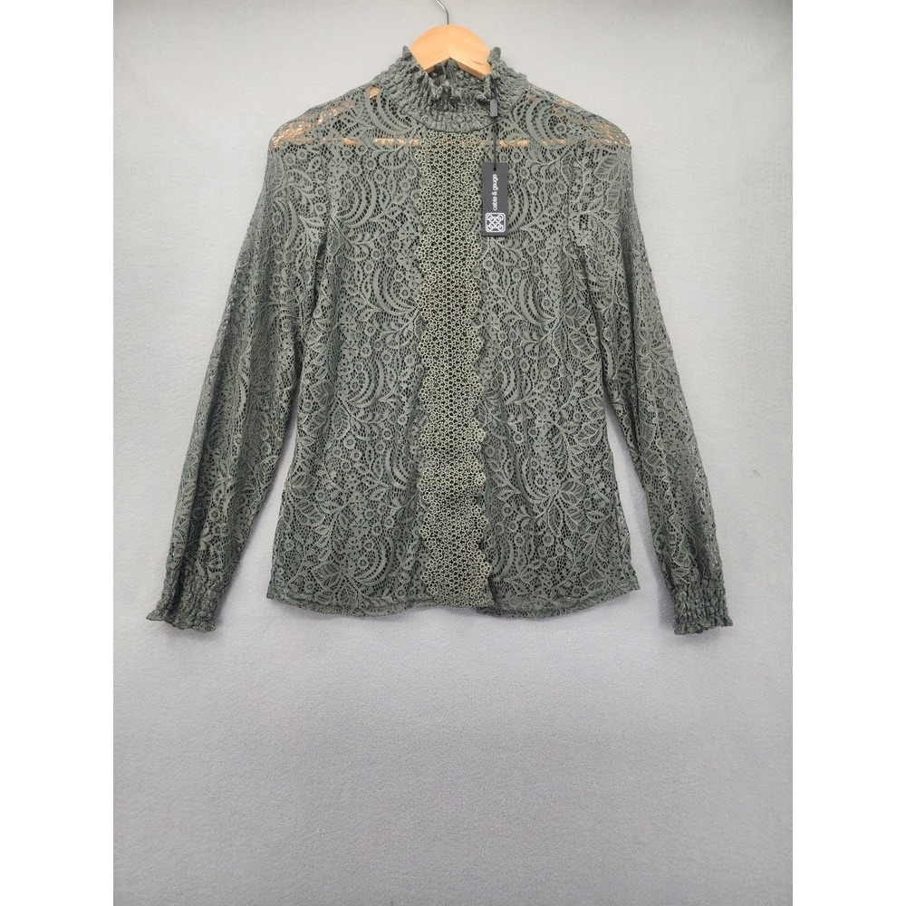 Cable & Gauge Green Lace Mock Neck Blouse‎ Long Sleeve Crochet Top Small New